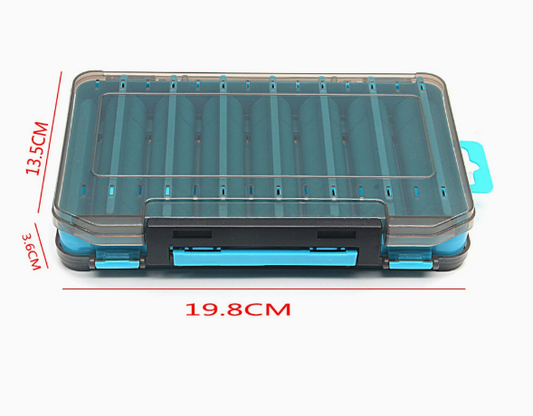 Blue durable dual-sided fishing tackle box with 14 compartments, ideal for organizing fishing gear.
