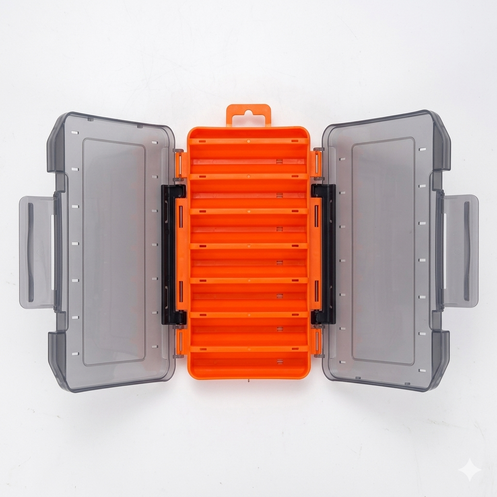 Blue durable dual-sided fishing tackle box with 14 compartments, designed for organized tackle storage by BACKUPMYFILESNOW.COM®.