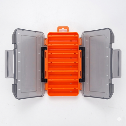 Blue durable dual-sided fishing tackle box with 14 compartments, designed for organized tackle storage by BACKUPMYFILESNOW.COM®.