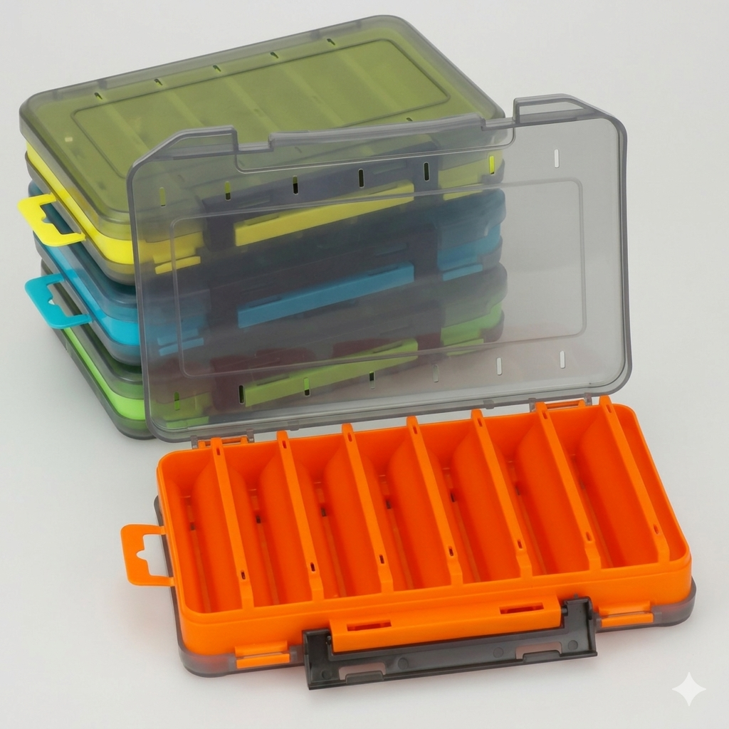 Blue durable dual-sided fishing tackle box with 14 compartments, designed for organized storage of fishing gear.
