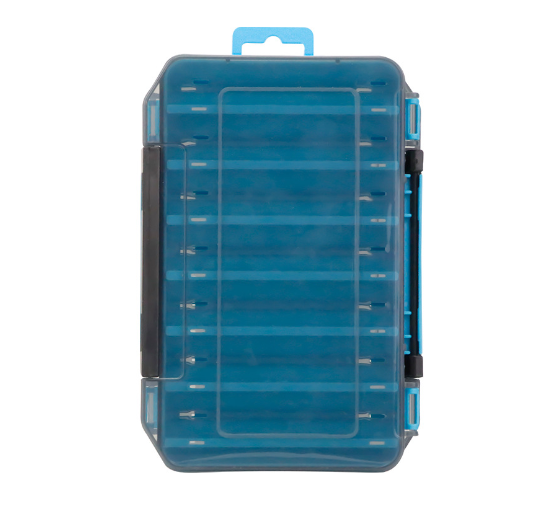 Blue durable dual-sided fishing tackle box with 14 compartments, designed for organized storage of fishing gear.