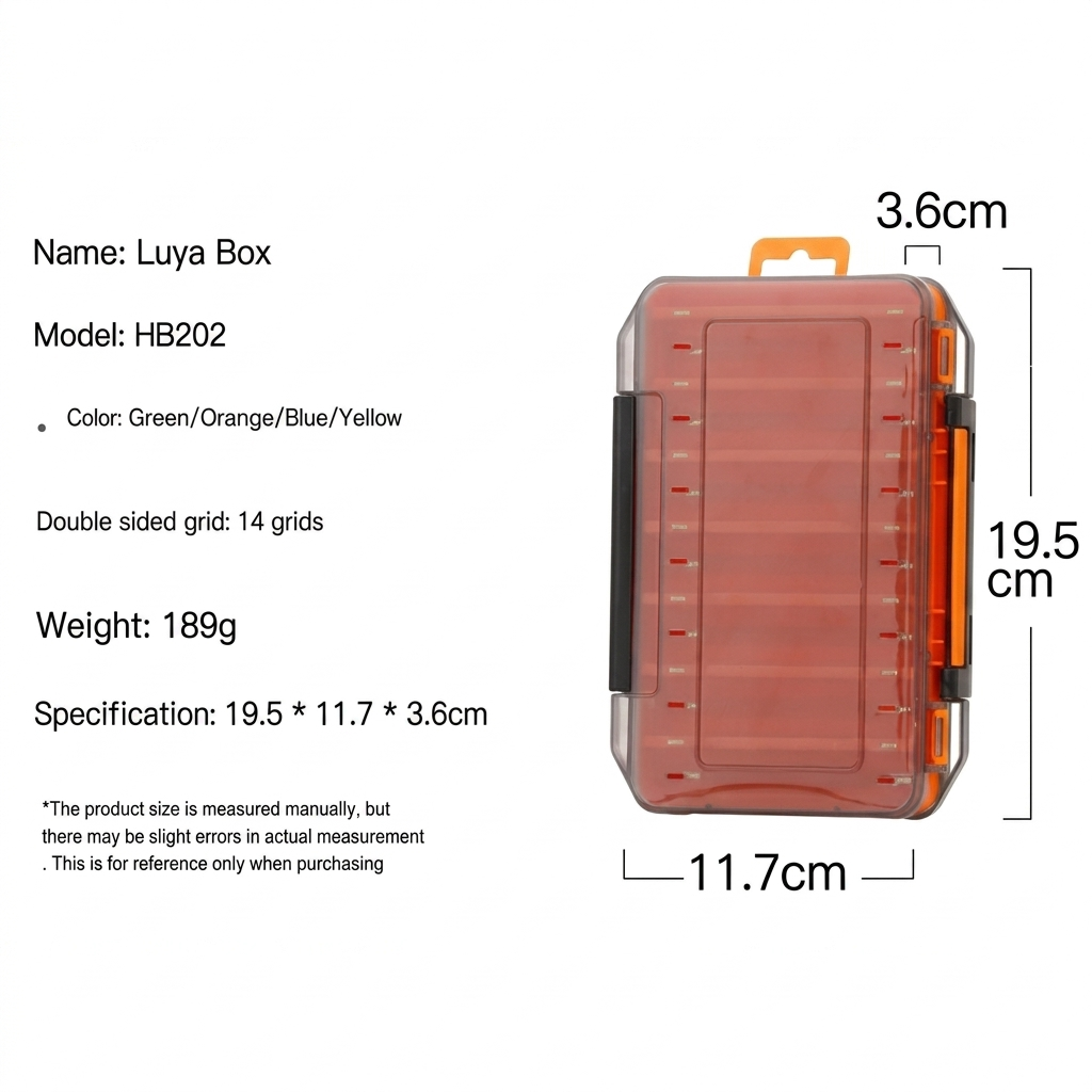 Blue durable dual-sided fishing tackle box with 14 compartments, designed for organized storage of fishing gear.