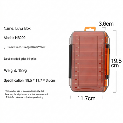 Blue durable dual-sided fishing tackle box with 14 compartments, designed for organized storage of fishing gear.