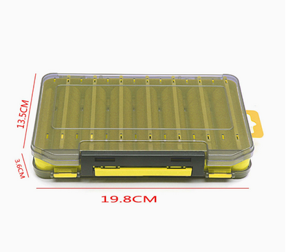 Blue durable dual-sided fishing tackle box with 14 compartments, designed for organized storage of fishing gear.