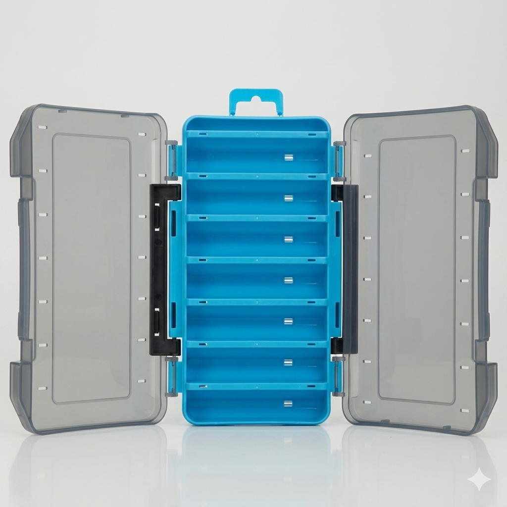 Blue durable dual-sided fishing tackle box with 14 compartments, by BACKUPMYFILESNOW.COM® for organizing fishing gear.