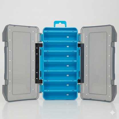 Blue durable dual-sided fishing tackle box with 14 compartments, by BACKUPMYFILESNOW.COM® for organizing fishing gear.