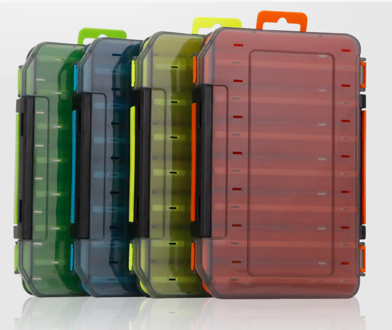 Blue durable dual-sided fishing tackle box with 14 compartments, designed for organized storage of fishing gear.