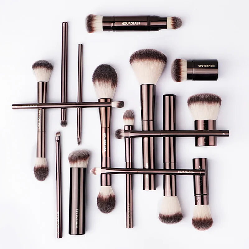Hourglass makeup brush set for powder, foundation, concealer, blush, bronzer, eyeshadow, eyebrows, and eyeliner application.