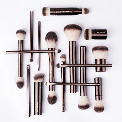 Hourglass makeup brush set for powder, foundation, concealer, blush, bronzer, eyeshadow, eyebrows, and eyeliner application.