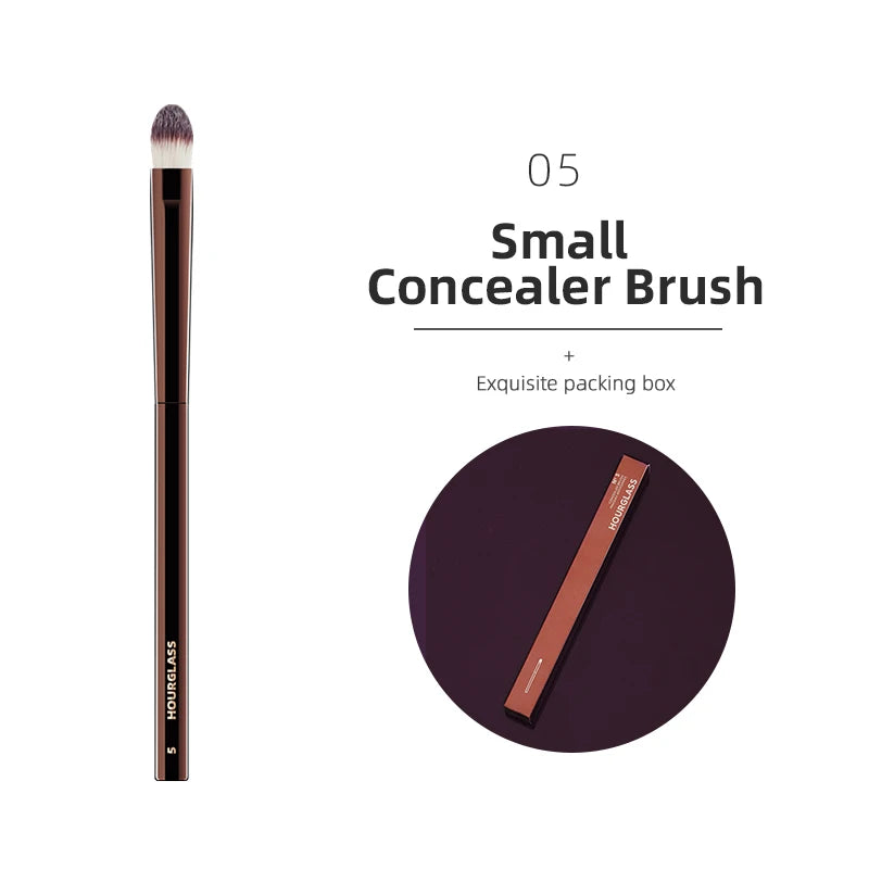 Hourglass makeup brushes set including powder, foundation, concealer, blush, bronzer, eye shadow, eyebrow, and eyeliner brushes.