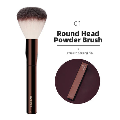Hourglass makeup brushes set including powder, foundation, concealer, blush, bronzer, eye shadow, eyebrow, and eyeliner brushes.