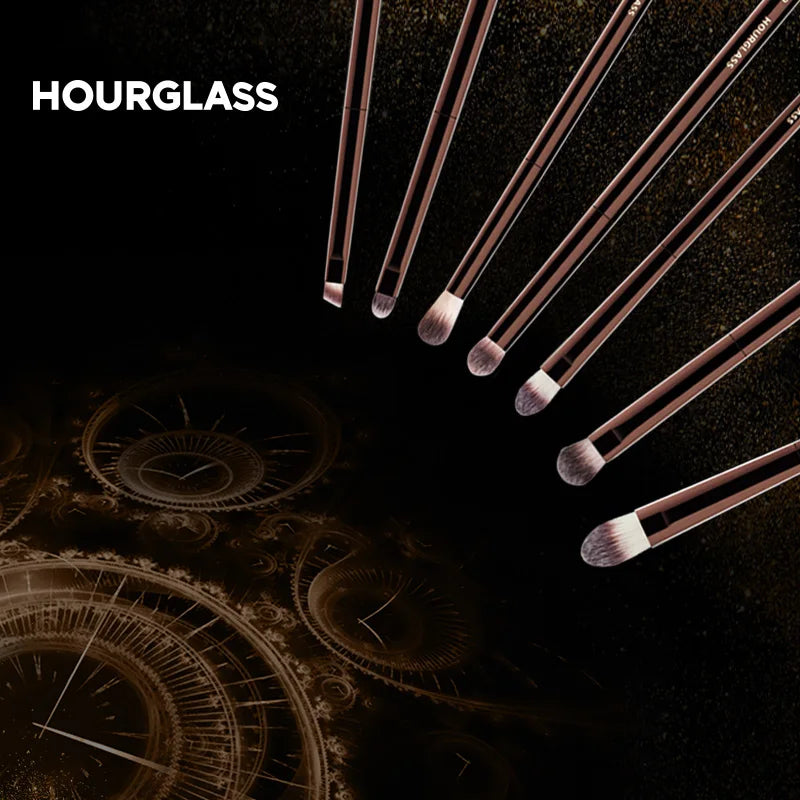 Hourglass makeup brush set for powder, foundation, concealer, blush, bronzer, eyeshadow, eyebrows, and eyeliner application.