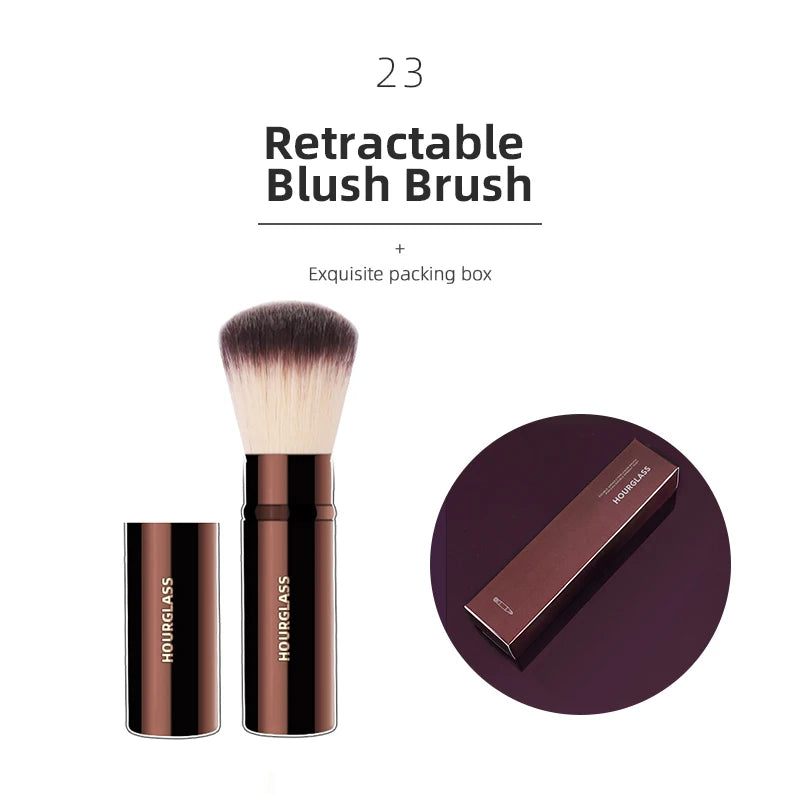 Hourglass makeup brushes set with powder, foundation, concealer, blusher, bronzer, eye shadow, eyebrow, and eyeliner brushes.