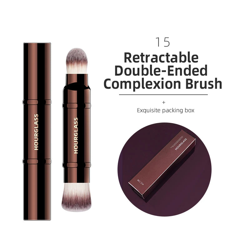 Hourglass makeup brushes set with various tools for foundation, concealer, blush, bronzer, eye shadow, eyebrows, and eyeliner application.