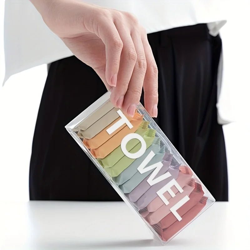 14pcs disposable washcloths by BACKUPMYFILESNOW.COM®, portable thickened compressed face cleansing towels for travel and beauty use.