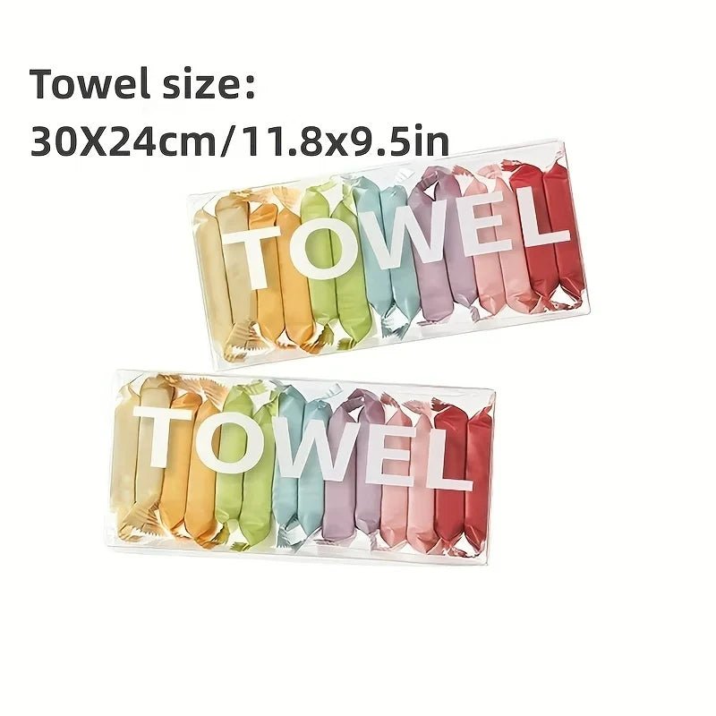 Set of 14 disposable portable washcloths by BACKUPMYFILESNOW.COM®, thickened compressed face cleansing towels for travel and beauty use.