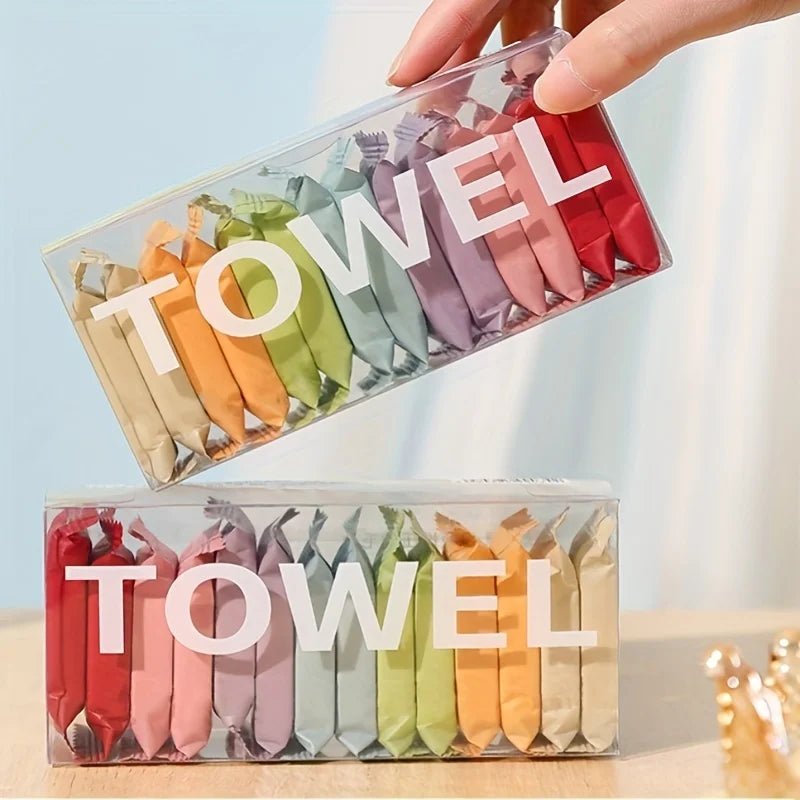 14-pack disposable washcloths from BACKUPMYFILESNOW.COM®, portable thickened compressed face cleansing towels for travel and beauty.