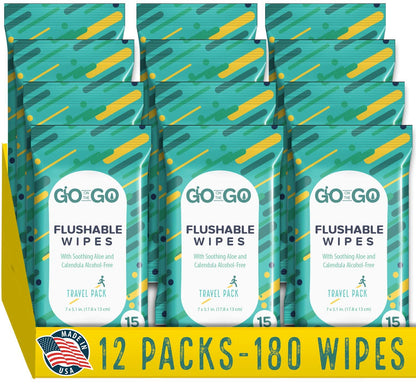 BackupMyFilesNow® travel flushable wet wipes with aloe and calendula, 12 packs of 15 wipes, soothing and convenient for travel.