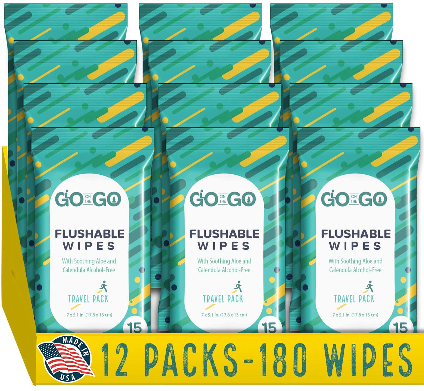 BackupMyFilesNow® travel flushable wet wipes with aloe and calendula, 12 packs of 15 wipes, soothing toilet wipes for on-the-go use.