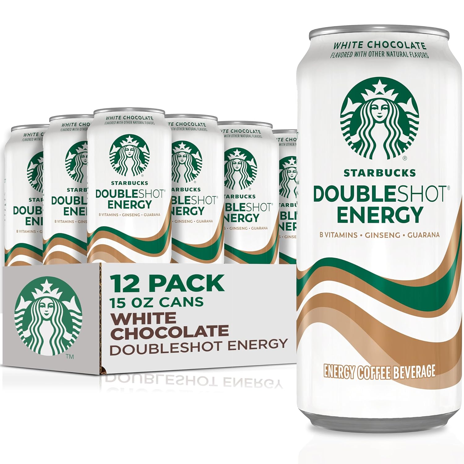 12-pack of Starbucks Doubleshot Energy Drink cans featuring caramel iced coffee, 15 fl oz each, with white chocolate flavor.