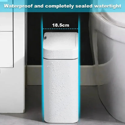 White smart bathroom trash can with sensor, automatic bagging, narrow design, 15L capacity, ideal for touchless waste disposal.