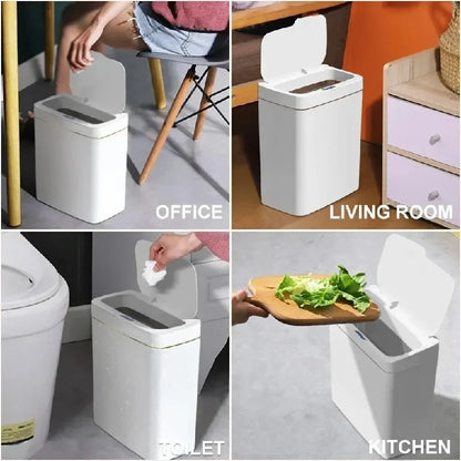 White Smart Bathroom Trash Can with touchless sensor, automatic bagging, narrow 15L electronic garbage bin for smart home use
