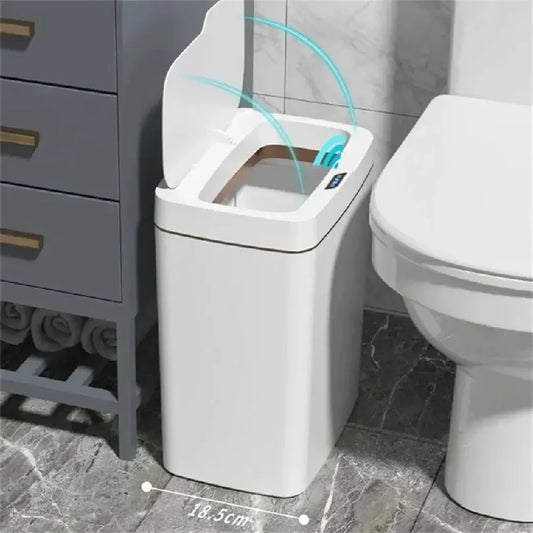 White 15L smart bathroom trash can with touchless sensor, automatic bagging, narrow design, ideal for smart home use.