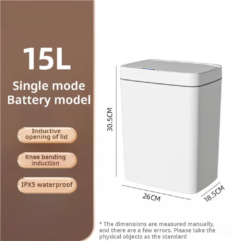 White 15L smart bathroom trash can with touchless sensor, automatic bagging, narrow design, ideal for smart home use.