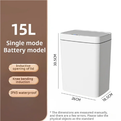 White 15L smart bathroom trash can with touchless sensor, automatic bagging, narrow design, ideal for smart home use.