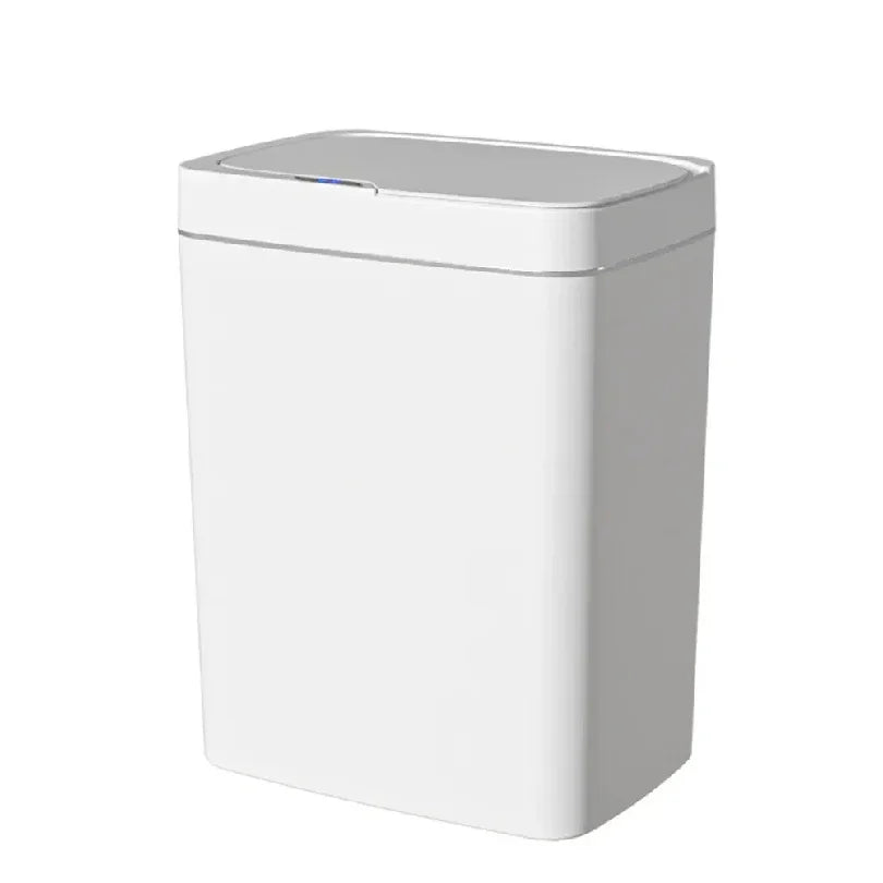 White 15L smart bathroom trash can with touchless sensor, automatic bagging, narrow design, ideal for smart home use.