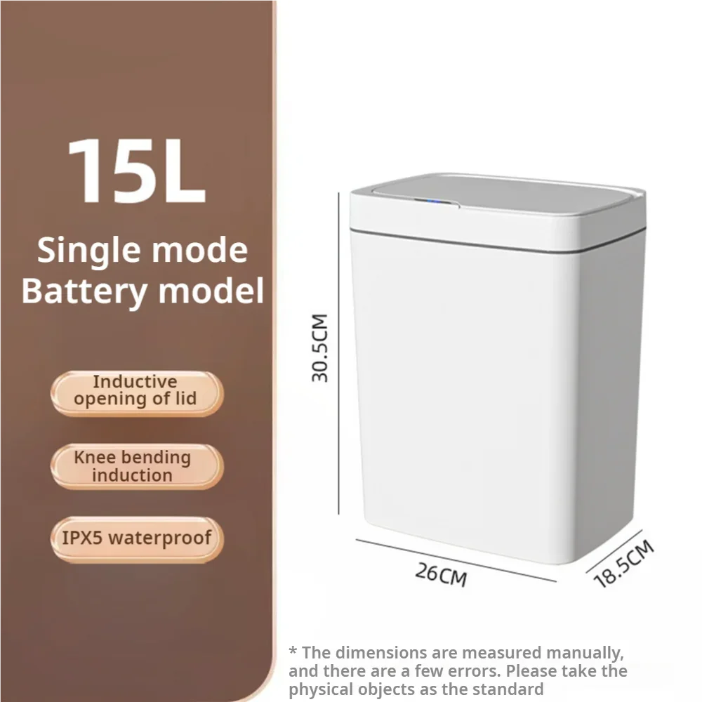 White smart bathroom trash can with automatic bagging, touchless sensor, narrow design, 15L capacity for smart home use.