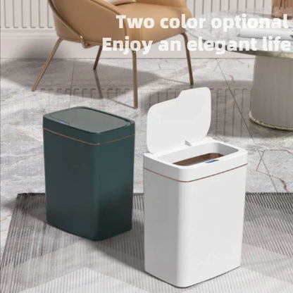 White 15L smart bathroom trash can with lid, touchless sensor, narrow design, ideal for home or kitchen use.