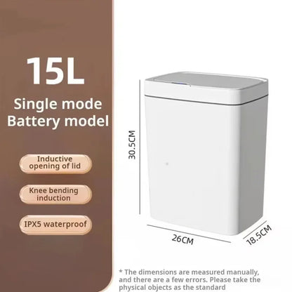 White 15L smart bathroom trash can with touchless sensor lid, automatic electronic garbage bin for home and kitchen use.