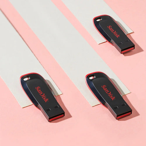 SanDisk SDCZ50 USB flash drive in 16GB, 32GB, 64GB, and 128GB capacities, shown as a compact portable memory stick for PC.