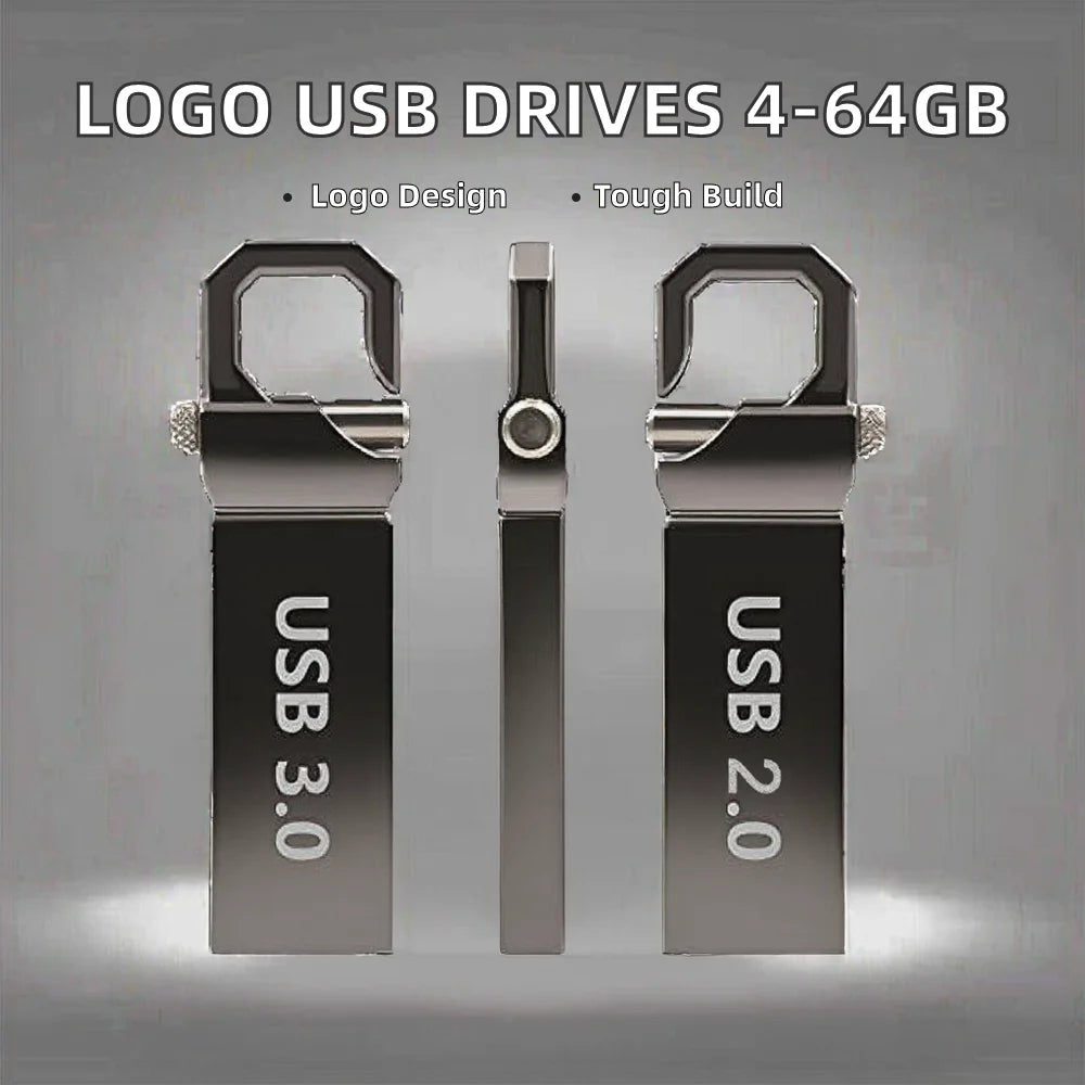 Silver metal USB 2.0 flash drive with custom logo, key and pen styles, compact design, perfect for promotions.