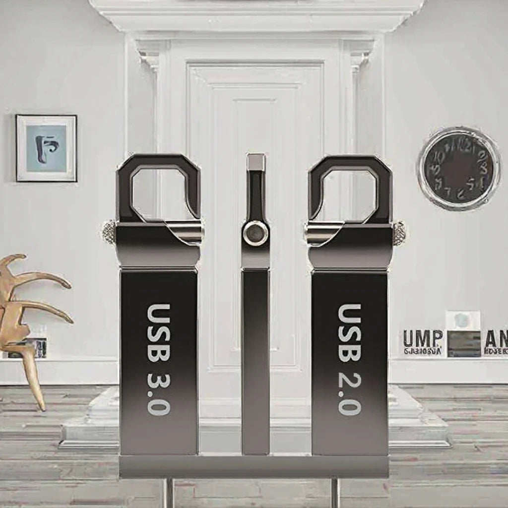 Silver metal USB 2.0 flash drive with custom logo printing, key pen style design, compact and new condition.
