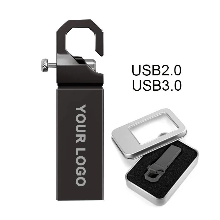 Silver metal USB 2.0 flash drive with custom logo, key pen style, compact design, featuring BackupMyFilesNow branding.