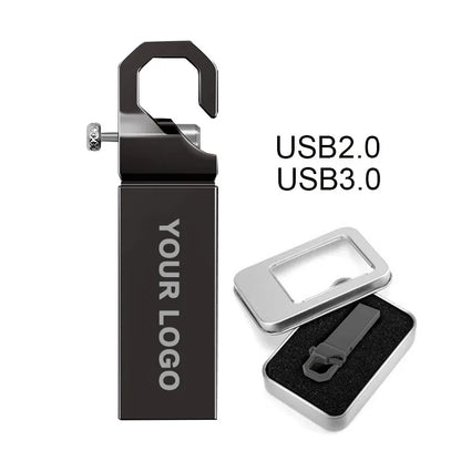 Silver metal USB 2.0 flash drive with custom logo, key pen style, compact design, featuring BackupMyFilesNow branding.