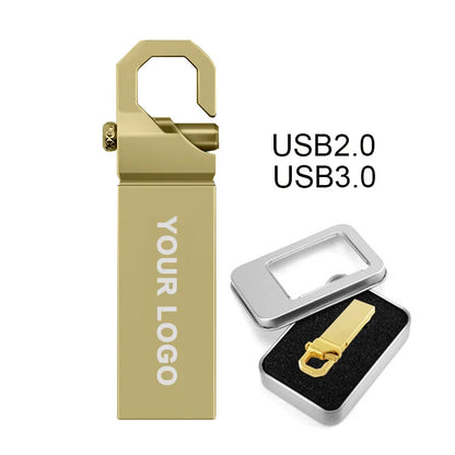 Silver metal USB 2.0 flash drive with custom printed logo, key and pen style, compact and new condition.
