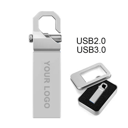 Silver metal USB 2.0 flash drive with custom logo print, key pen style design, used for promotions and data storage.