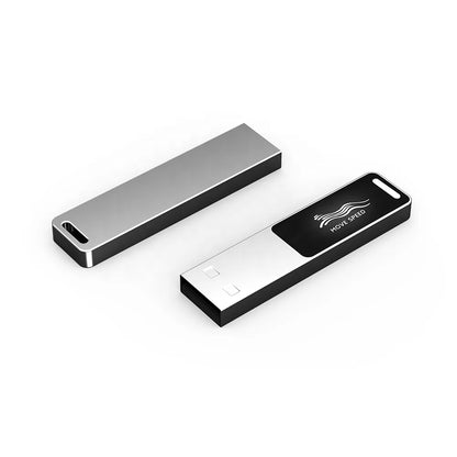 Silver USB flash drive with glowing logo, 16GB capacity, designed for photo storage and external file transfer on PC.