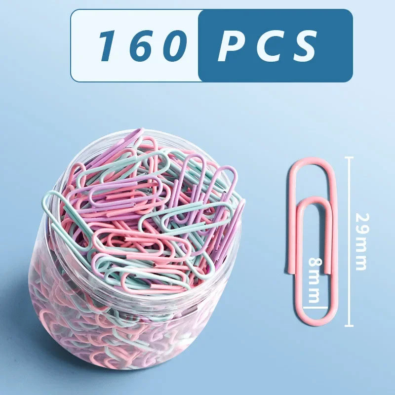 Set of 160 colorful stainless steel paper clips, ideal for organizing files and bookmarks in office or stationery use.