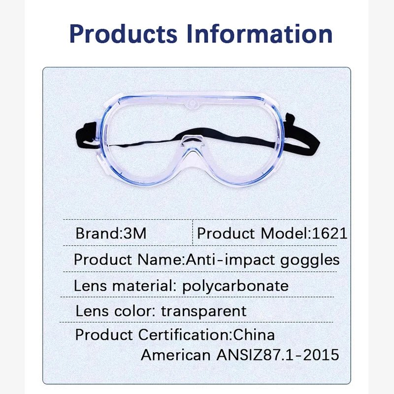 3M 1621 safety goggles with clear lenses, anti-splash dust-proof eye protection for industrial and lab work safety.