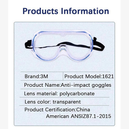 3M 1621 safety goggles with clear lenses, anti-splash dust-proof eye protection for industrial and lab work safety.