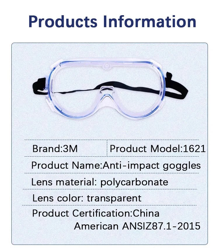 3M 1621 safety goggles with clear lens, anti-splash and dust-proof design for industrial work and laboratory eye protection.