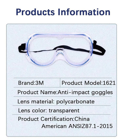 3M 1621 safety goggles with clear lens, anti-splash and dust-proof design for industrial work and laboratory eye protection.