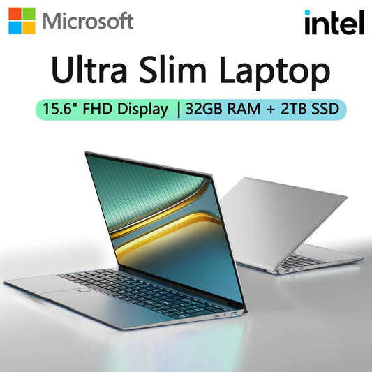 15.6-inch portable laptop with Intel 6500Y, 32GB RAM, 2TB SSD, backlit keyboard, fingerprint scanner, running Windows 11.