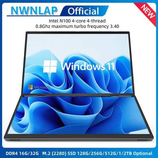 14-inch dual-screen gaming laptop with Intel N100, 16GB DDR4 RAM, 1TB SSD, and touch display for versatile use.