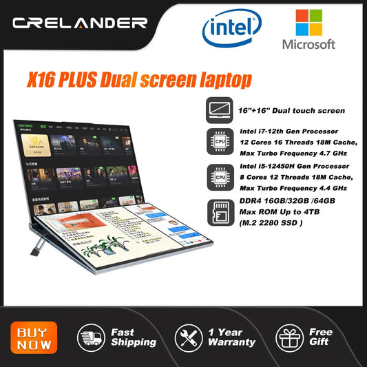 Crelander 16-inch dual touch screen Intel i5/i7 laptop with 12th gen processor, 32GB RAM, M.2 SSD, IPS display, Windows 11.