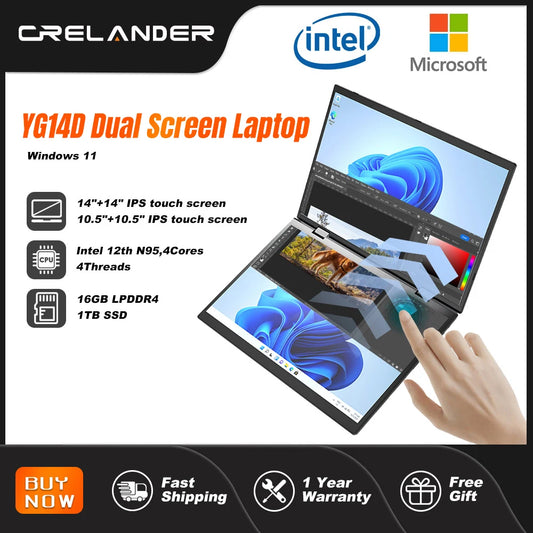 Crelander dual-screen 14-inch laptop with 2K touch display, Intel N95 CPU, 360-degree flip, metal case, 2-in-1 design.